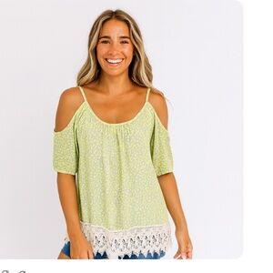 KII Neon Green Grey Animal Print Cold Shoulder Top Size Small